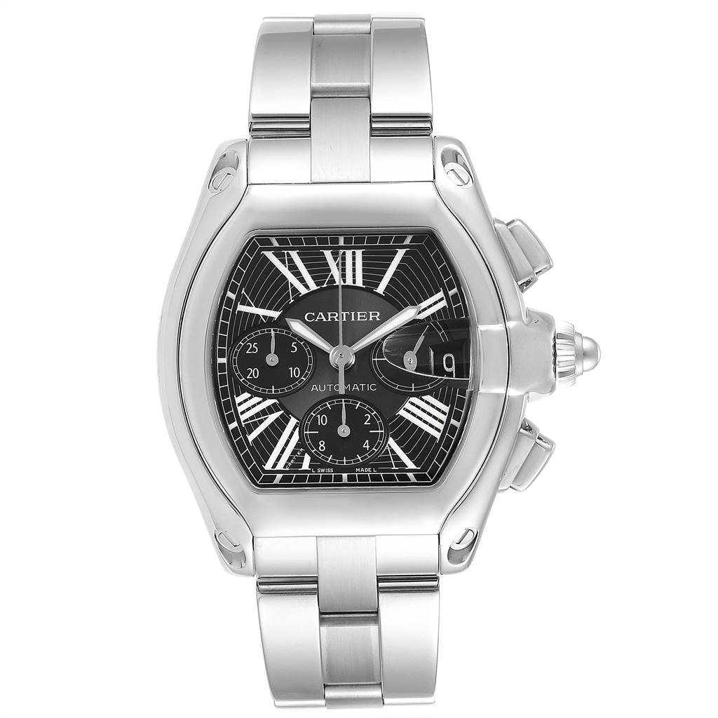 The Cartier Roadster W62020X6 Men's Stainless Steel Black Dial W62020X6 Men's Stainless Steel Black Dial watch is shown from a top-down angle, highlighting the face, bezel, and bracelet.