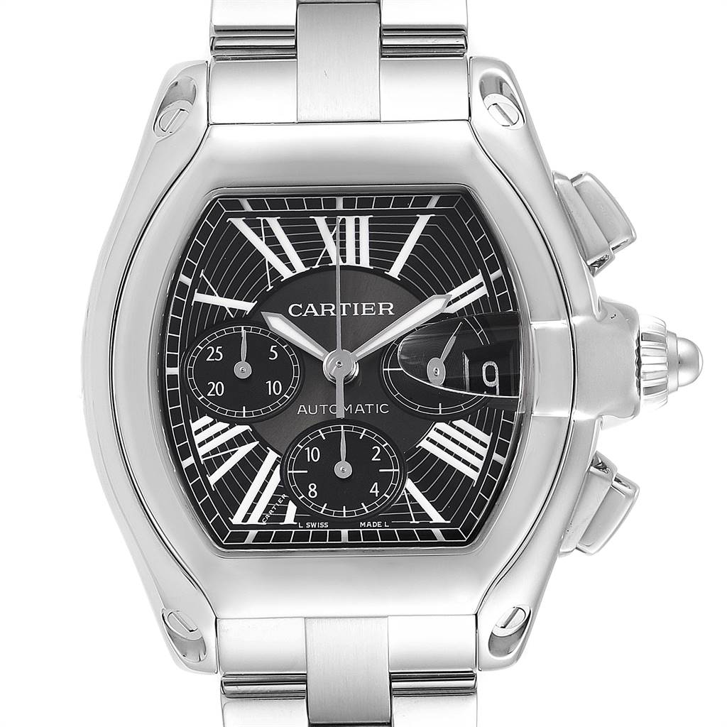 This is a front view of a Cartier Roadster W62020X6 Men's Stainless Steel Black Dial W62020X6 Men's Stainless Steel Black Dial watch showing the face, bezel, and part of the bracelet.