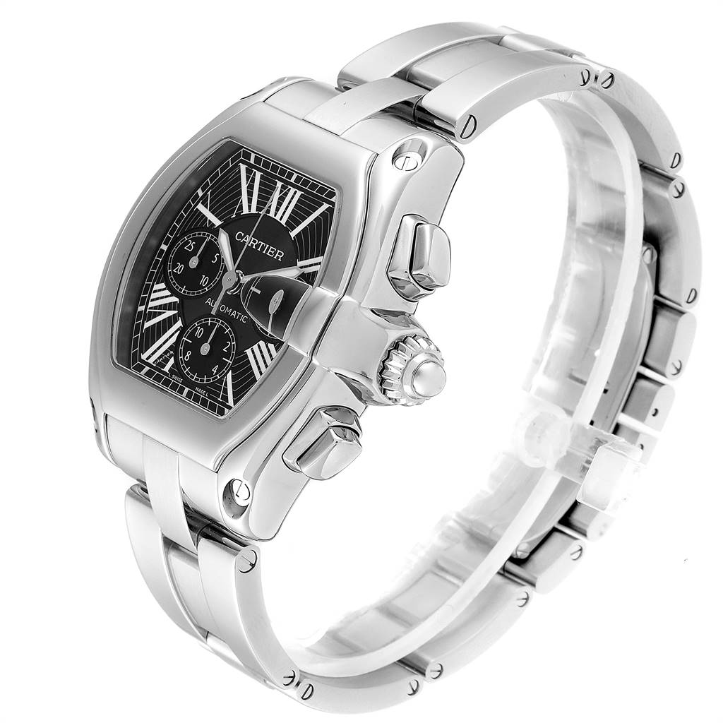 This image shows a side angle of the Cartier Roadster W62020X6 Men's Stainless Steel Black Dial W62020X6 Men's Stainless Steel Black Dial watch, featuring its dial, case, crown, and bracelet.