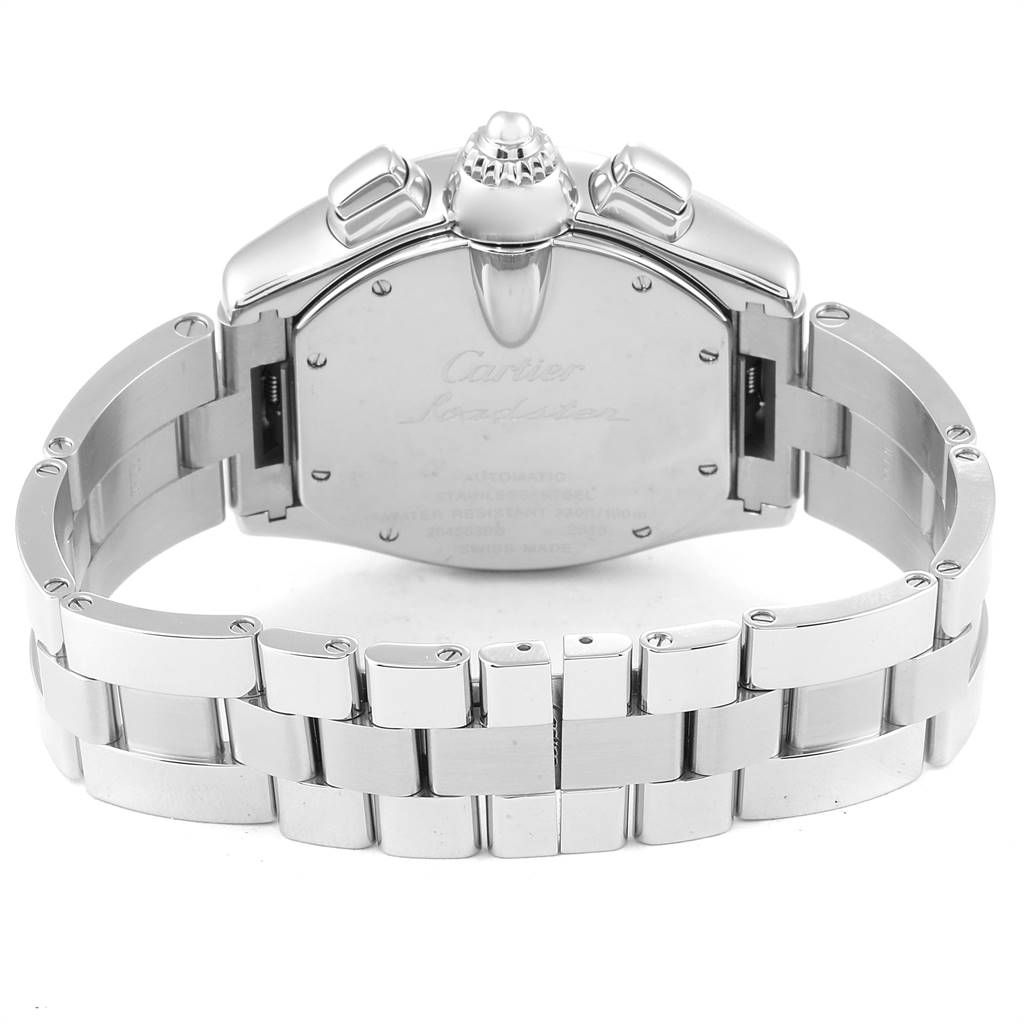 This image shows the back view of a Cartier Roadster W62020X6 Men's Stainless Steel Black Dial W62020X6 Men's Stainless Steel Black Dial watch, highlighting its stainless steel bracelet, casing, and clasps.