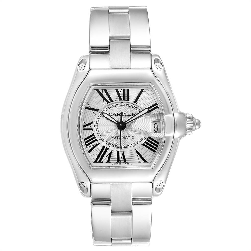 The image shows a front view of the Cartier Roadster W62025V3 Men's Stainless Steel Silver Dial W62025V3 Men's Stainless Steel Silver Dial watch, displaying its silver casing, dial, bracelet, and date window at 3 o'clock.