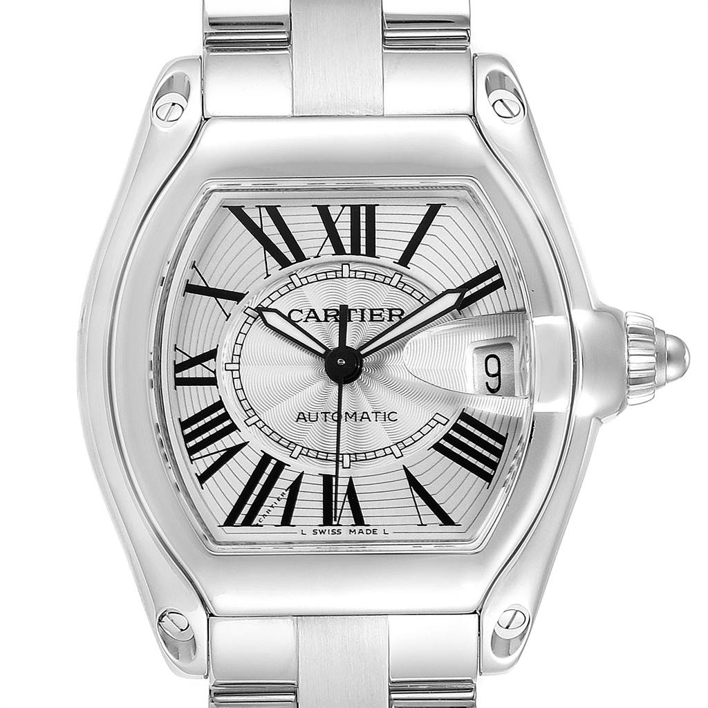 The Cartier Roadster W62025V3 Men's Stainless Steel Silver Dial W62025V3 Men's Stainless Steel Silver Dial watch is shown from a front angle, highlighting the dial, case, crown, and part of the bracelet.