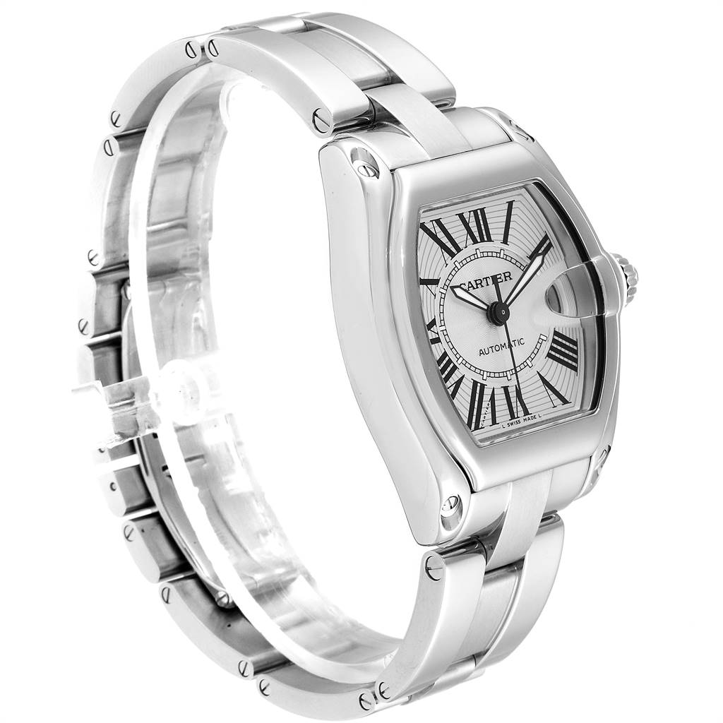 This image shows a Cartier Roadster W62025V3 Men's Stainless Steel Silver Dial W62025V3 Men's Stainless Steel Silver Dial watch at an angle emphasizing its face and metal bracelet.