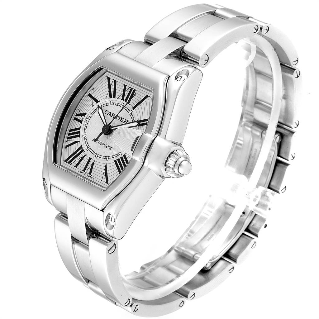 This image shows a Cartier Roadster W62025V3 Men's Stainless Steel Silver Dial W62025V3 Men's Stainless Steel Silver Dial watch at an angled side view, highlighting its dial, case, and bracelet.