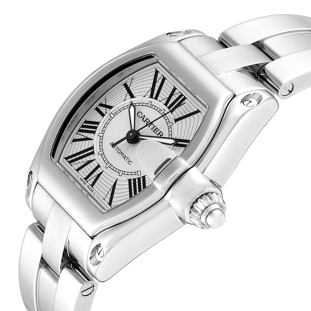 This Cartier Roadster W62025V3 Men's Stainless Steel Silver Dial W62025V3 Men's Stainless Steel Silver Dial watch is shown at an angled view featuring the dial, case, crown, and part of the bracelet.