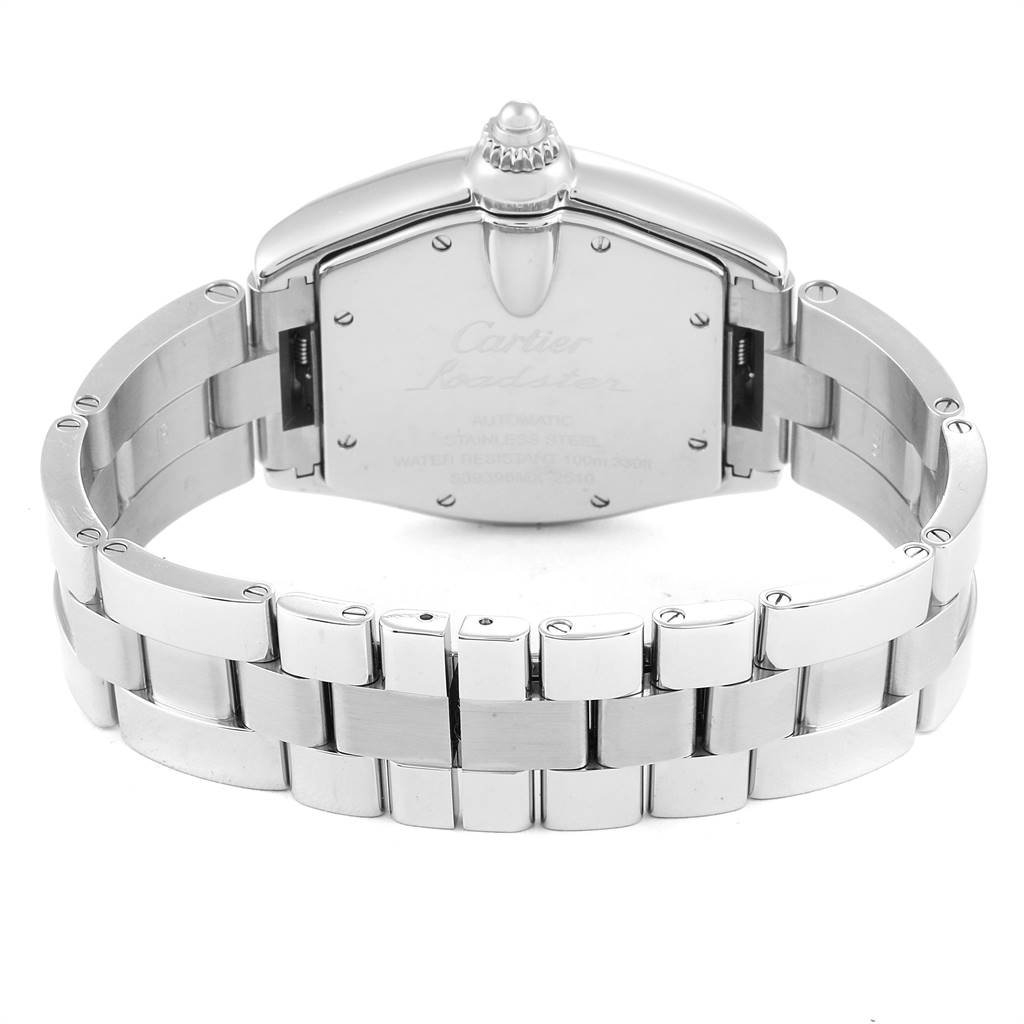 The image shows the back of the Cartier Roadster W62025V3 Men's Stainless Steel Silver Dial W62025V3 Men's Stainless Steel Silver Dial watch, including its stainless steel case and bracelet.