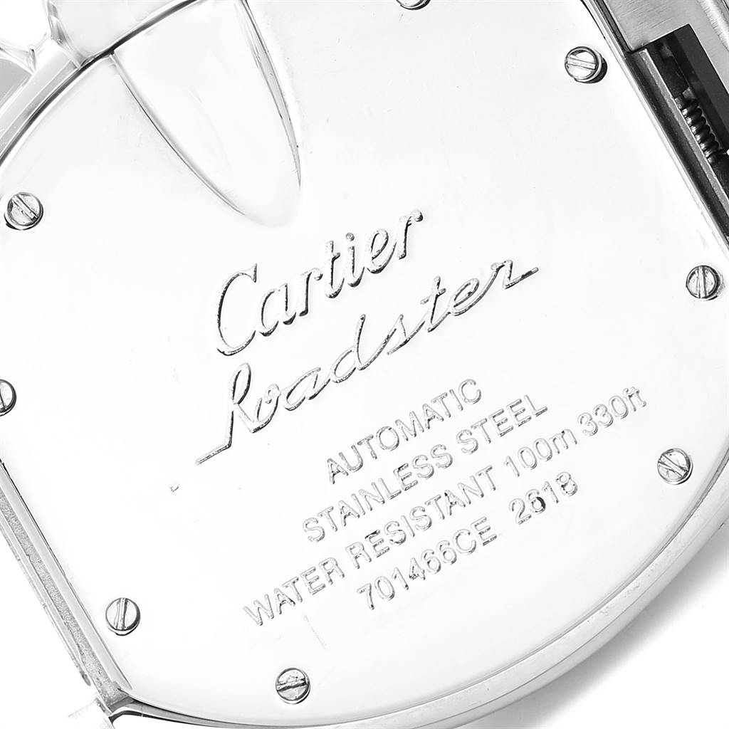The image shows the back of a Cartier Roadster W62020X6 Men's Stainless Steel Black Dial W62020X6 Men's Stainless Steel Black Dial watch, displaying engraved details and screws.