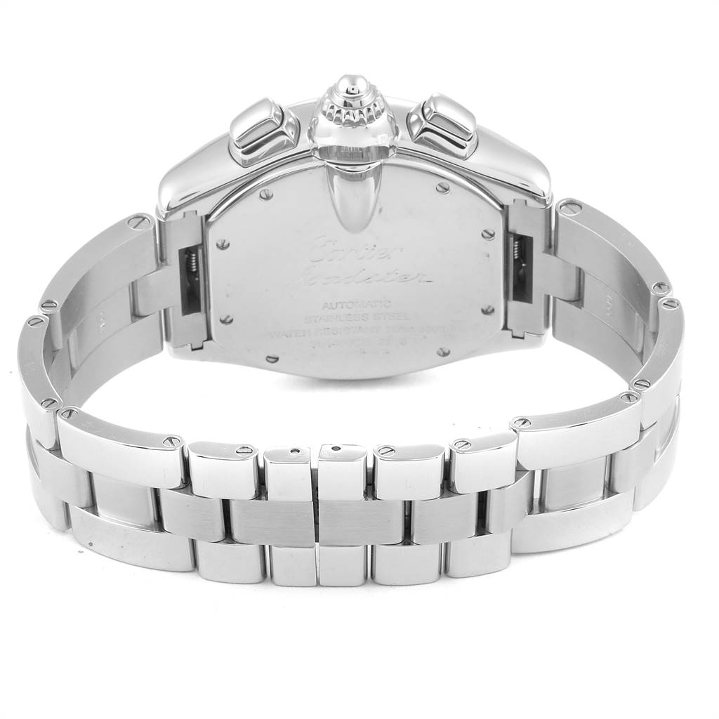 The image shows the back and bracelet of the Cartier Roadster W62020X6 Men's Stainless Steel Black Dial W62020X6 Men's Stainless Steel Black Dial model watch at a rear angle.