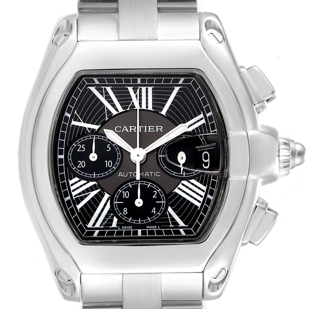 The image shows a front view of the Cartier Roadster W62020X6 Men's Stainless Steel Black Dial W62020X6 Men's Stainless Steel Black Dial watch, highlighting the dial, subdials, and part of the bracelet.