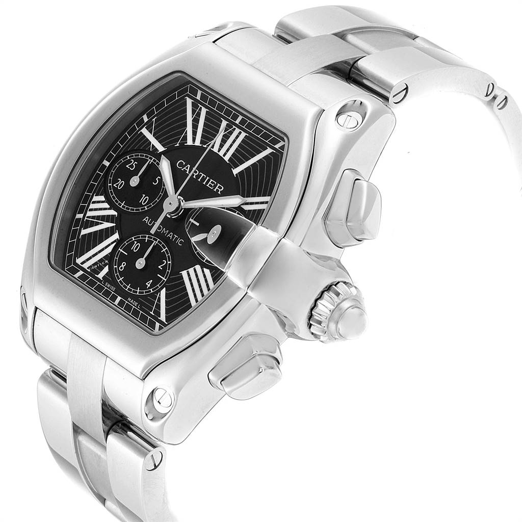 The Cartier Roadster W62020X6 Men's Stainless Steel Black Dial W62020X6 Men's Stainless Steel Black Dial model watch is shown at an angle displaying its dial, crown, and stainless steel bracelet.