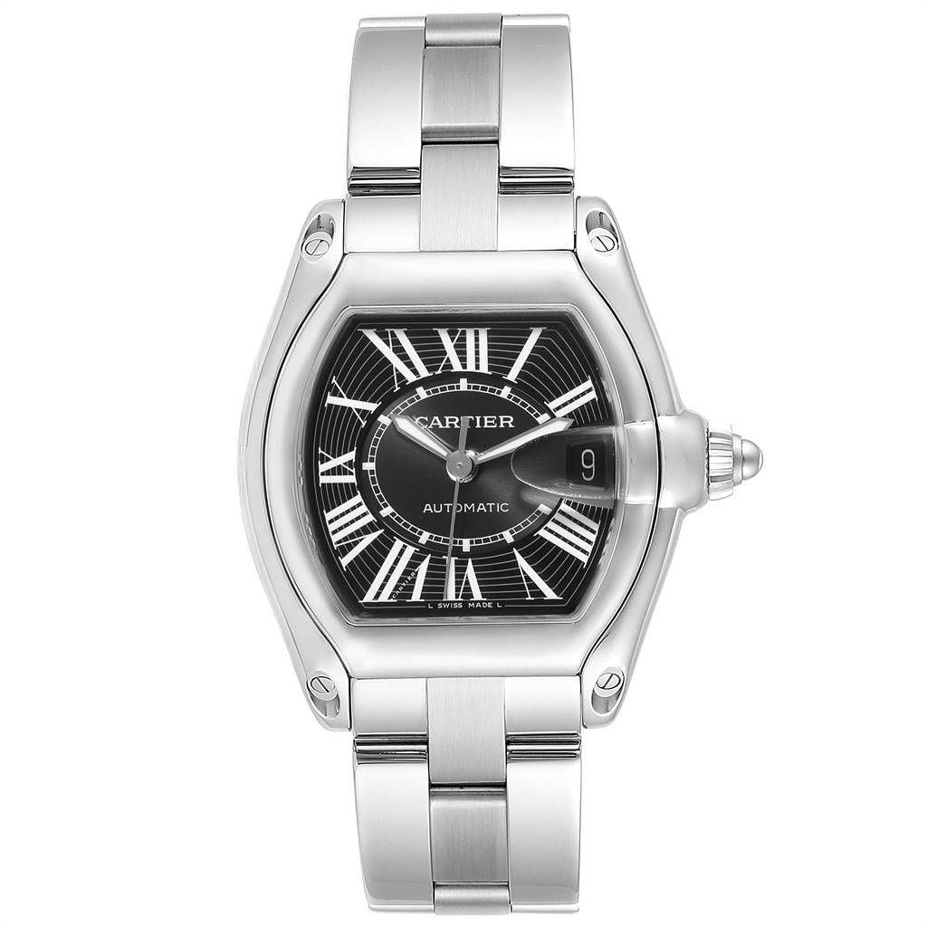 The image shows a front view of the Cartier Roadster W62041V3 Men's Stainless Steel Black Dial W62041V3 Men's Stainless Steel Black Dial model watch, displaying its dial, case, and bracelet.