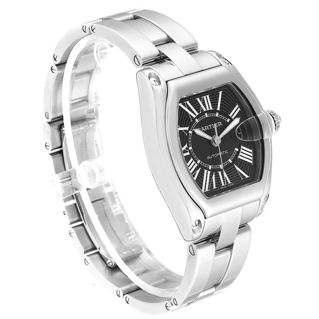 This image shows a Cartier Roadster W62041V3 Men's Stainless Steel Black Dial W62041V3 Men's Stainless Steel Black Dial watch, angled from the front-left, displaying its bracelet, case, and dial.