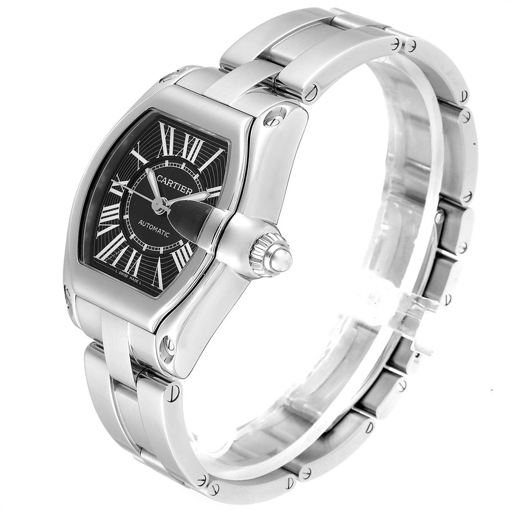 The image shows a Cartier Roadster W62041V3 Men's Stainless Steel Black Dial W62041V3 Men's Stainless Steel Black Dial watch from an angled side view, showcasing the face, the crown, and the bracelet.