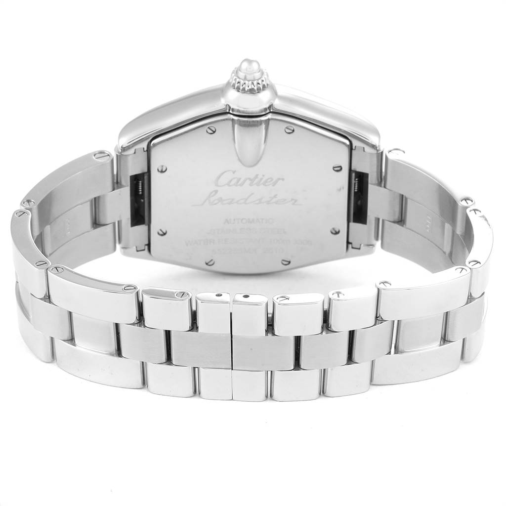 This image shows the back view of a Cartier Roadster W62041V3 Men's Stainless Steel Black Dial W62041V3 Men's Stainless Steel Black Dial watch, highlighting the stainless steel case back and the bracelet.