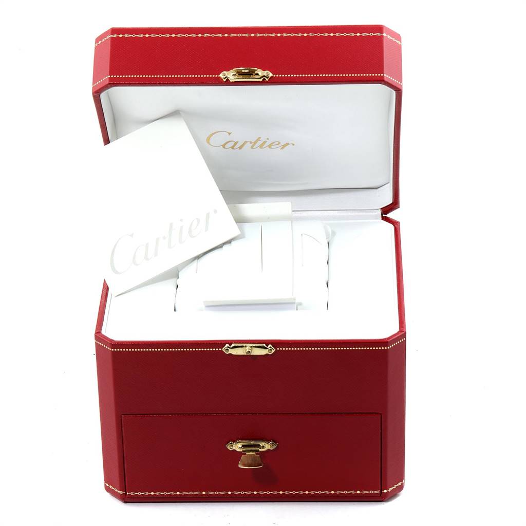 The image shows an open Cartier Roadster W62041V3 Men's Stainless Steel Black Dial W62041V3 Men's Stainless Steel Black Dial watch box with paperwork and accessories inside.