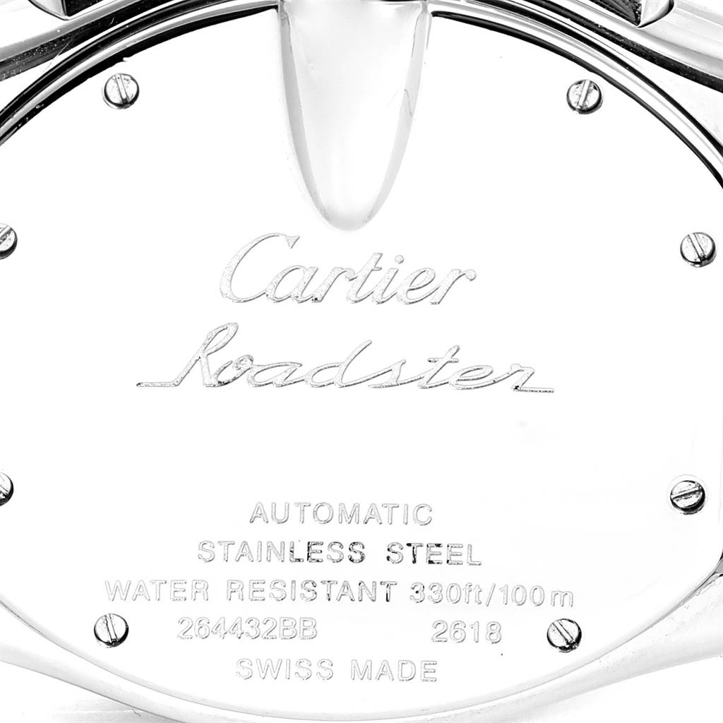 The image shows the back case of a Cartier Roadster W62019X6 Men's Stainless Steel Silver Dial W62019X6 Men's Stainless Steel Silver Dial watch, showcasing text and specifications.