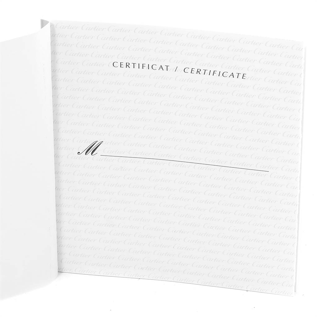 This image shows the certificate for a Cartier Roadster W62019X6 Men's Stainless Steel Silver Dial W62019X6 Men's Stainless Steel Silver Dial watch, with the brand name "Cartier" repeated in the background.
