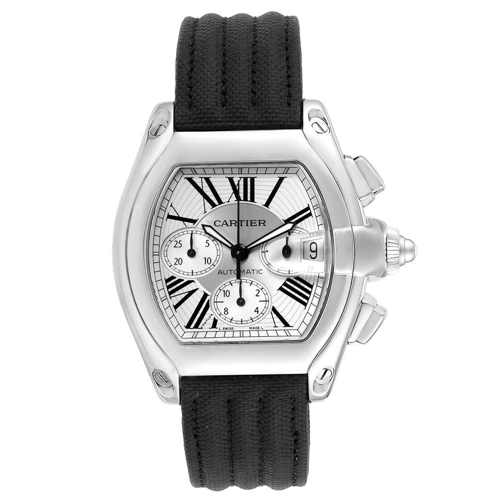 The Cartier Roadster W62019X6 Men's Stainless Steel Silver Dial W62019X6 Men's Stainless Steel Silver Dial watch is shown from the front, displaying the face, dial, sub-dials, and strap.