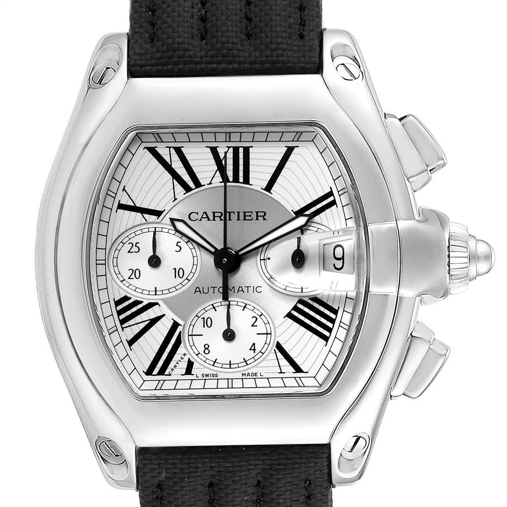 The image shows a front view of the Cartier Roadster W62019X6 Men's Stainless Steel Silver Dial W62019X6 Men's Stainless Steel Silver Dial watch, highlighting its dial, bezel, crown, and black strap.
