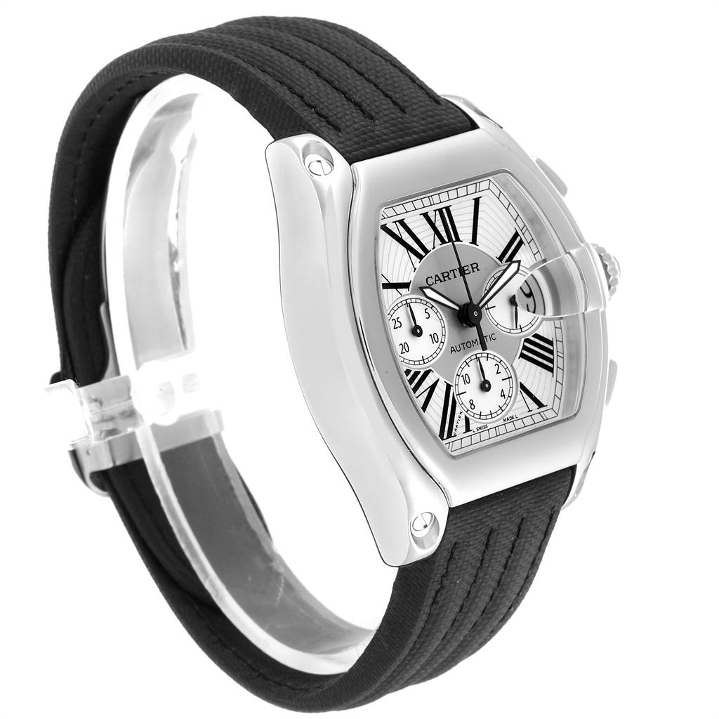 The Cartier Roadster W62019X6 Men's Stainless Steel Silver Dial W62019X6 Men's Stainless Steel Silver Dial watch is shown at a three-quarter angle highlighting its face, strap, and side details.