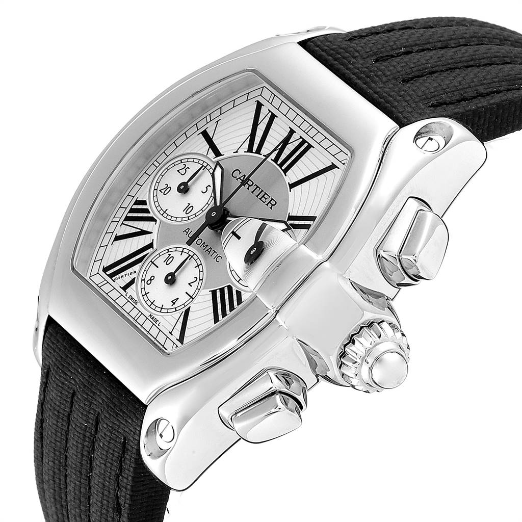 Close-up of the Cartier Roadster W62019X6 Men's Stainless Steel Silver Dial W62019X6 Men's Stainless Steel Silver Dial watch, showing the face, crown, chronograph buttons, and part of the strap from an angled view.