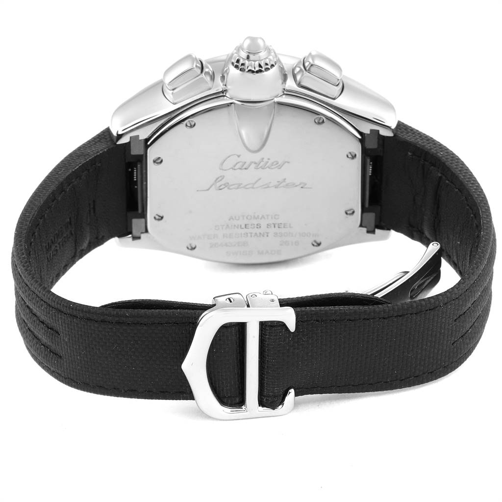 The image shows the back case, crown, and strap of the Cartier Roadster W62019X6 Men's Stainless Steel Silver Dial W62019X6 Men's Stainless Steel Silver Dial watch from a rear angle.