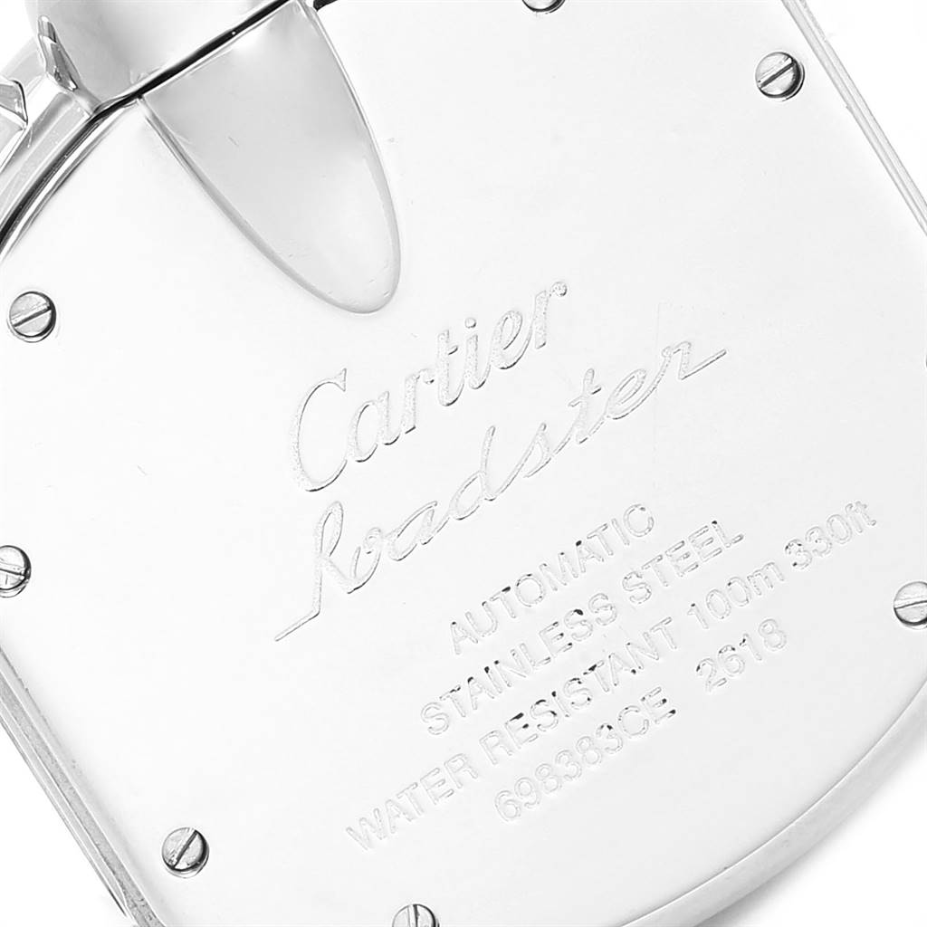 This image shows the back case of a Cartier Roadster W62019X6 Men's Stainless Steel Silver Dial W62019X6 Men's Stainless Steel Silver Dial watch, highlighting its engraved details.
