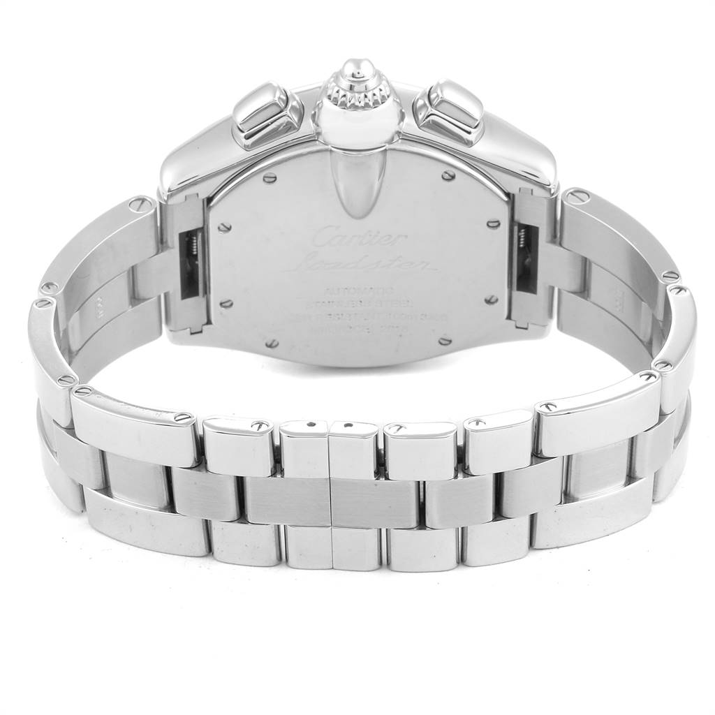 The image shows the back view and metal bracelet of the Cartier Roadster W62019X6 Men's Stainless Steel Silver Dial W62019X6 Men's Stainless Steel Silver Dial watch, including the caseback and clasp mechanism.