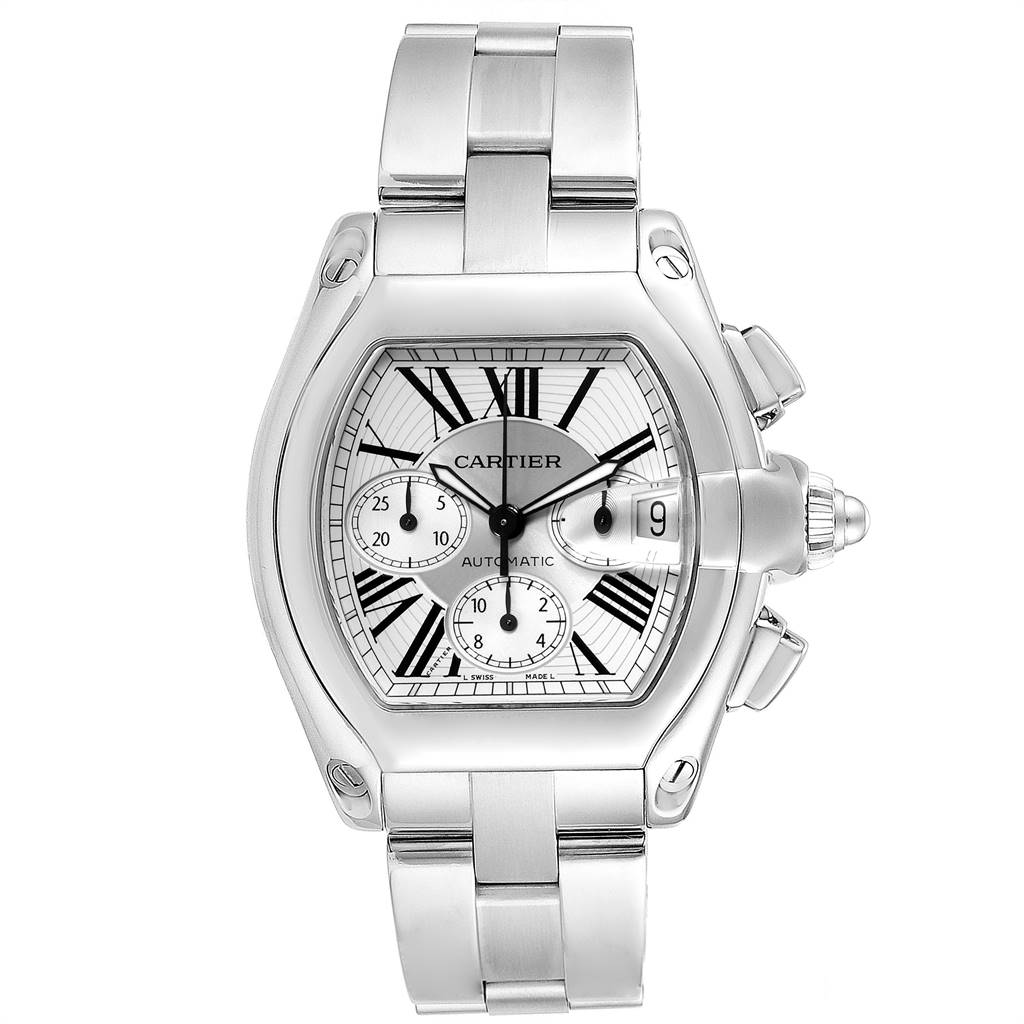 The image shows a front view of the Cartier Roadster W62019X6 Men's Stainless Steel Silver Dial W62019X6 Men's Stainless Steel Silver Dial watch, highlighting its face, bracelet, and side crowns.