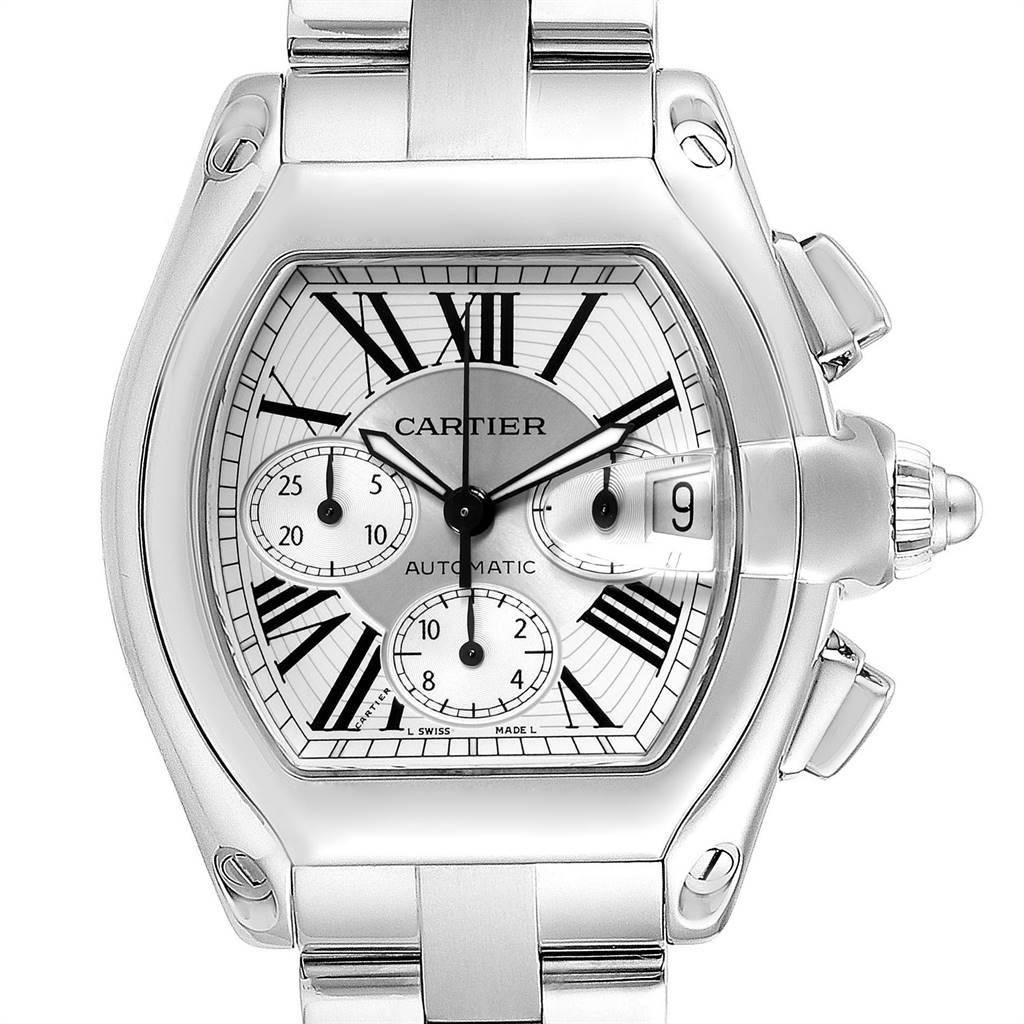 The image shows a front view of the Cartier Roadster W62019X6 Men's Stainless Steel Silver Dial W62019X6 Men's Stainless Steel Silver Dial model watch, highlighting the dial, subdials, date window, and crown.