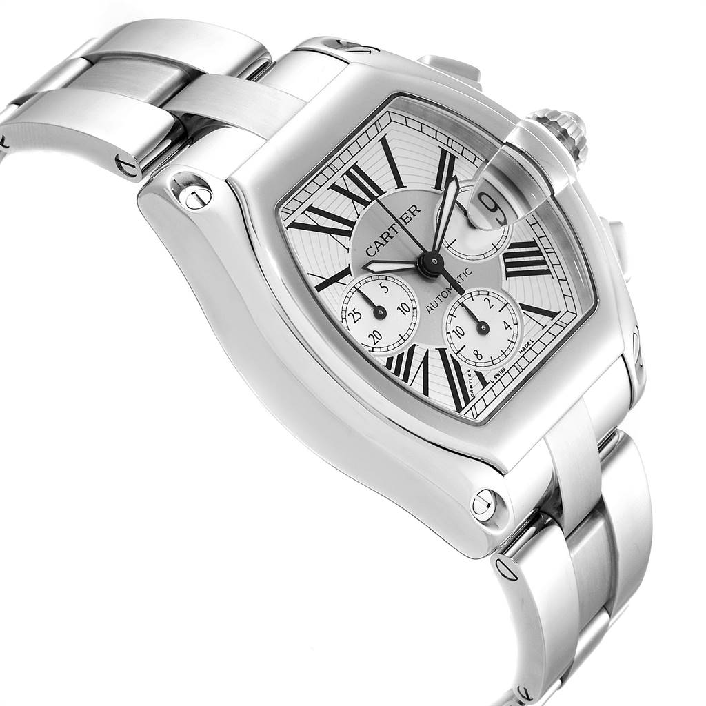 This image shows a Cartier Roadster W62019X6 Men's Stainless Steel Silver Dial W62019X6 Men's Stainless Steel Silver Dial watch from a high-angled side view, detailing its dial, bracelet, and crown.