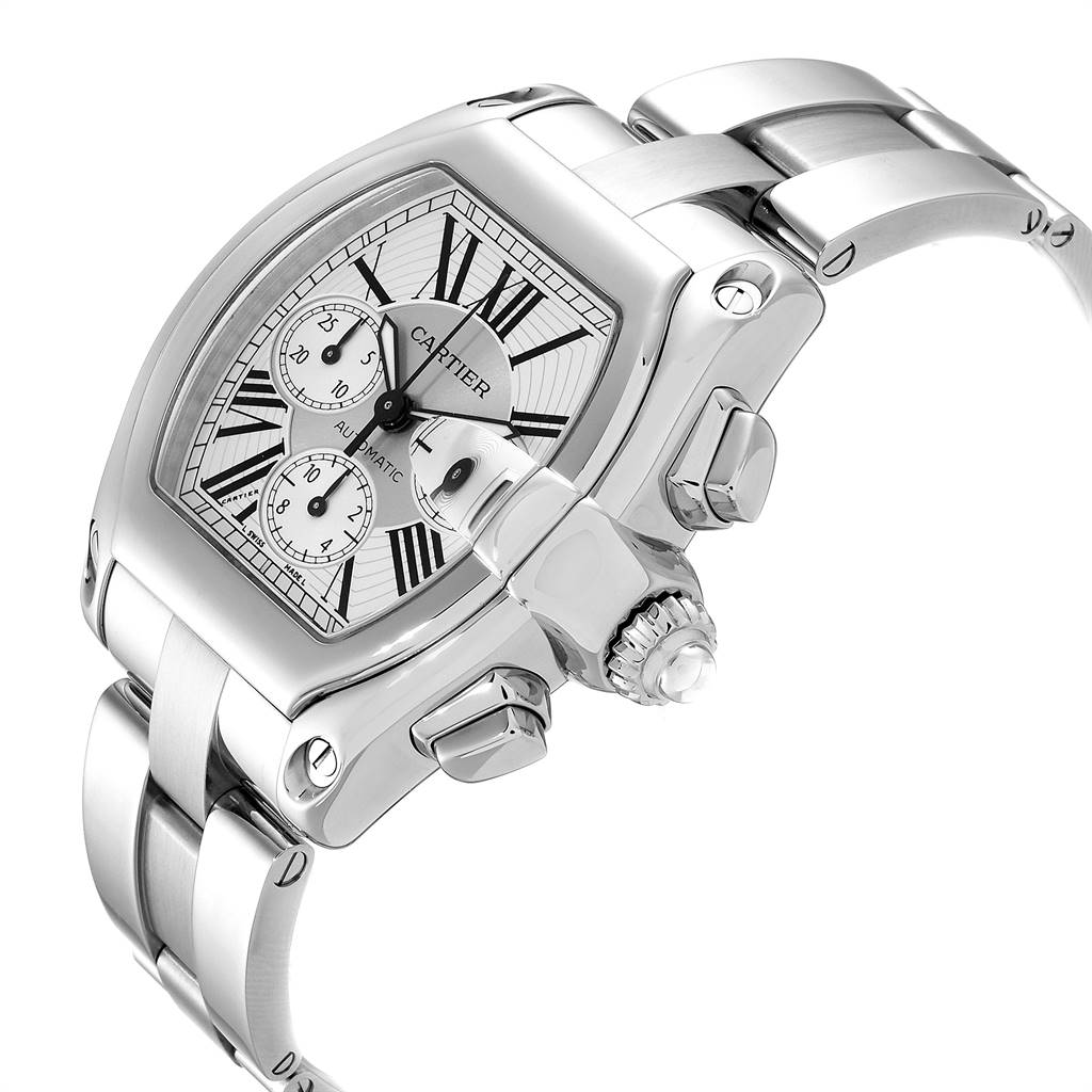 The image shows a Cartier Roadster W62019X6 Men's Stainless Steel Silver Dial W62019X6 Men's Stainless Steel Silver Dial watch at an angle displaying the face, crown, chronograph buttons, lugs, and part of the bracelet.