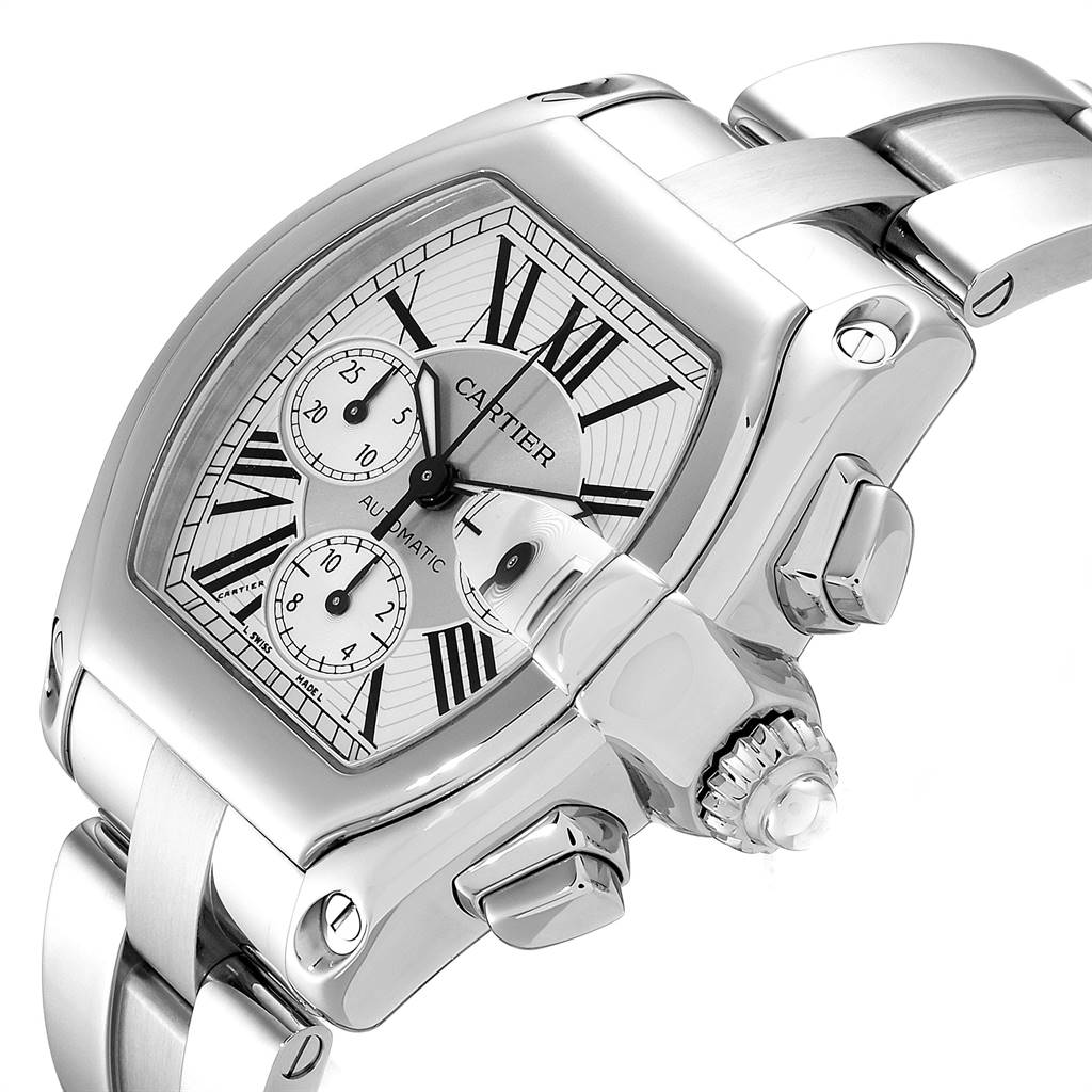 This image shows a close-up, angled view of the Cartier Roadster W62019X6 Men's Stainless Steel Silver Dial W62019X6 Men's Stainless Steel Silver Dial watch, highlighting its dial, crown, and chronograph pushers.