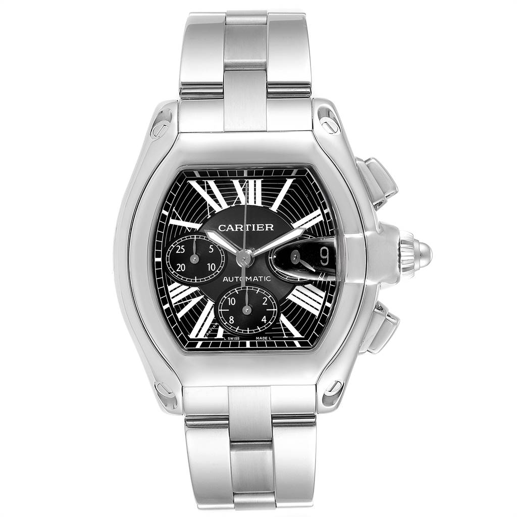 The image shows a front view of a Cartier Roadster W62020X6 Men's Stainless Steel Black Dial W62020X6 Men's Stainless Steel Black Dial watch, highlighting its face, dial, and bracelet.