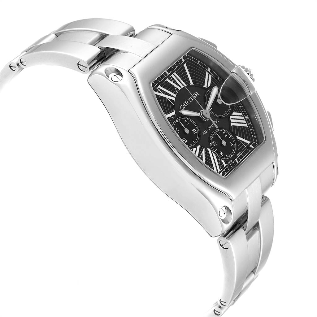The Cartier Roadster W62020X6 Men's Stainless Steel Black Dial W62020X6 Men's Stainless Steel Black Dial watch is shown at a side angle, highlighting the case, dial, and part of the metal bracelet.