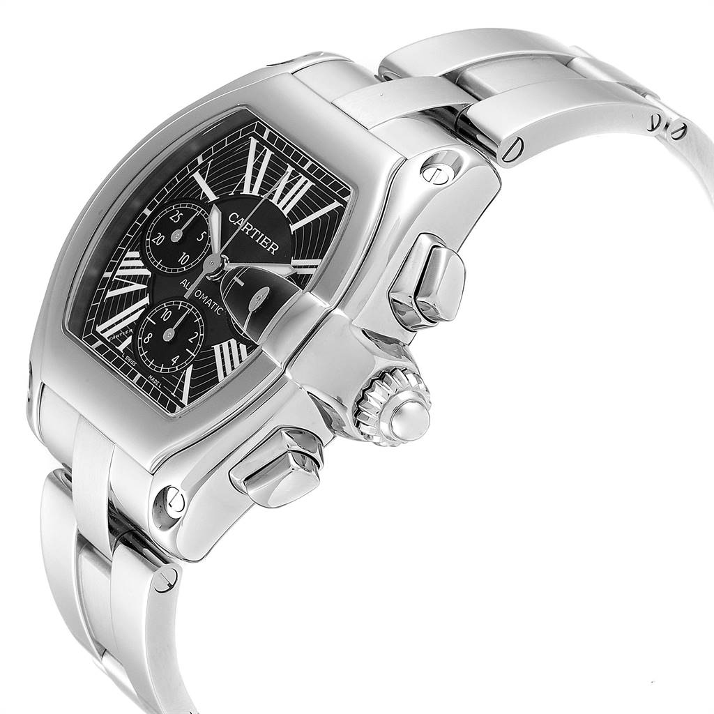 The image shows a side angle view of the Cartier Roadster W62020X6 Men's Stainless Steel Black Dial W62020X6 Men's Stainless Steel Black Dial watch, highlighting its black dial, crown, and stainless steel bracelet.