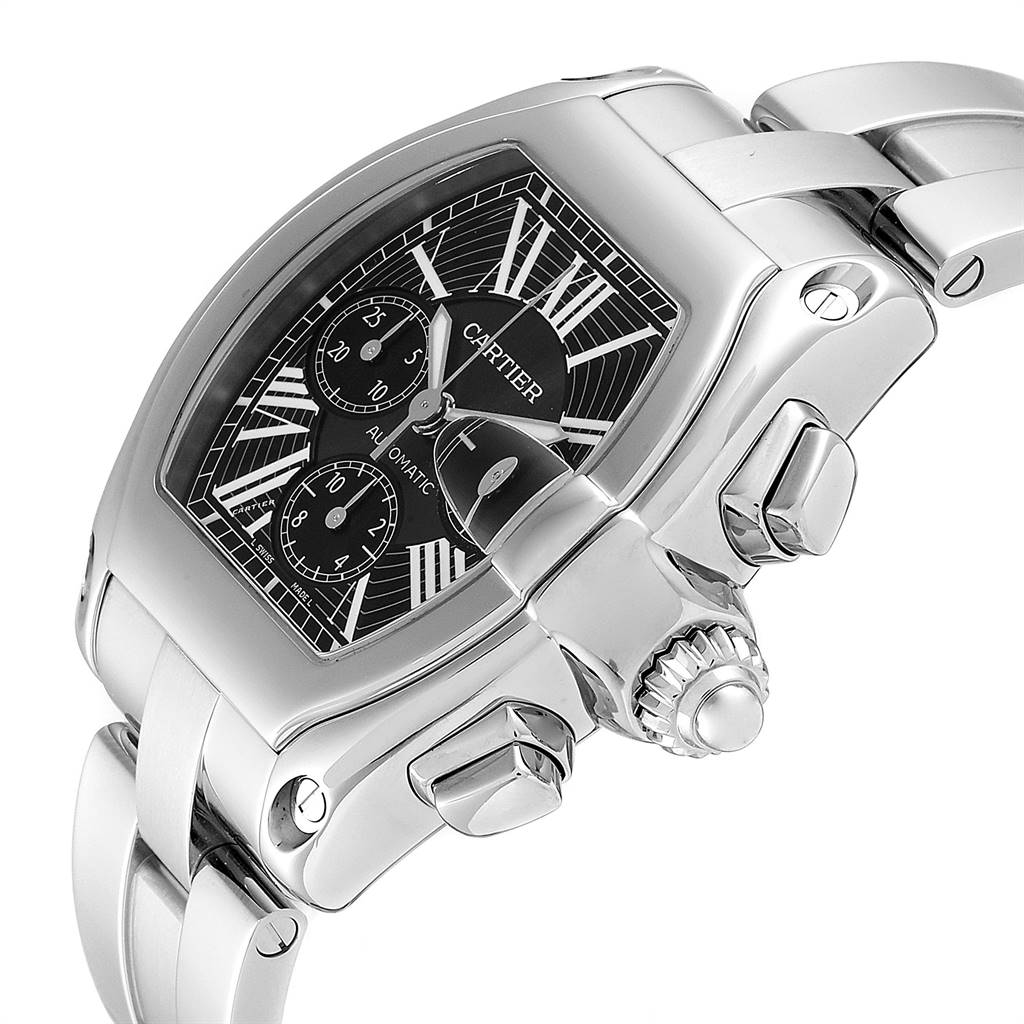 This image shows a Cartier Roadster W62020X6 Men's Stainless Steel Black Dial W62020X6 Men's Stainless Steel Black Dial model watch at a slight angle, highlighting the case, dial, and bracelet.