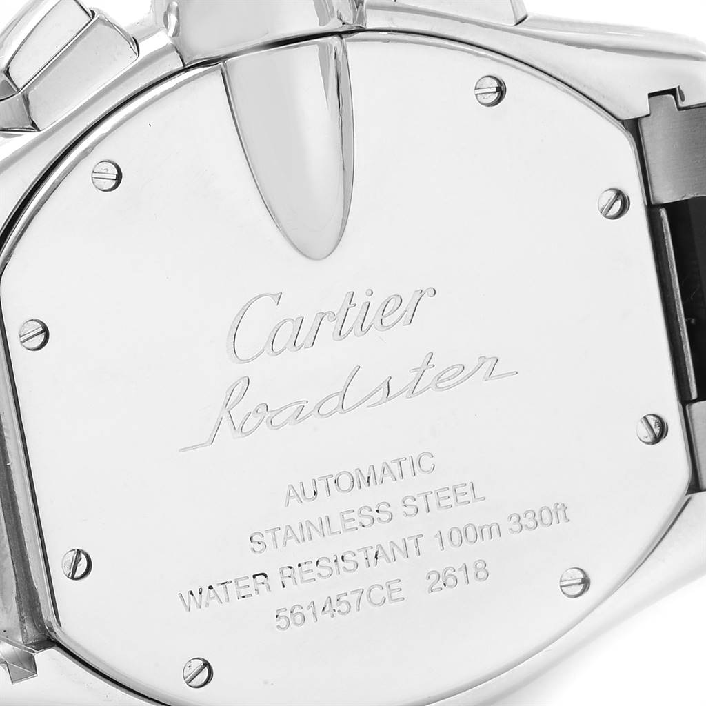 This image shows the back case of a Cartier Roadster W62020X6 Men's Stainless Steel Black Dial W62020X6 Men's Stainless Steel Black Dial watch, displaying its model details and specifications.