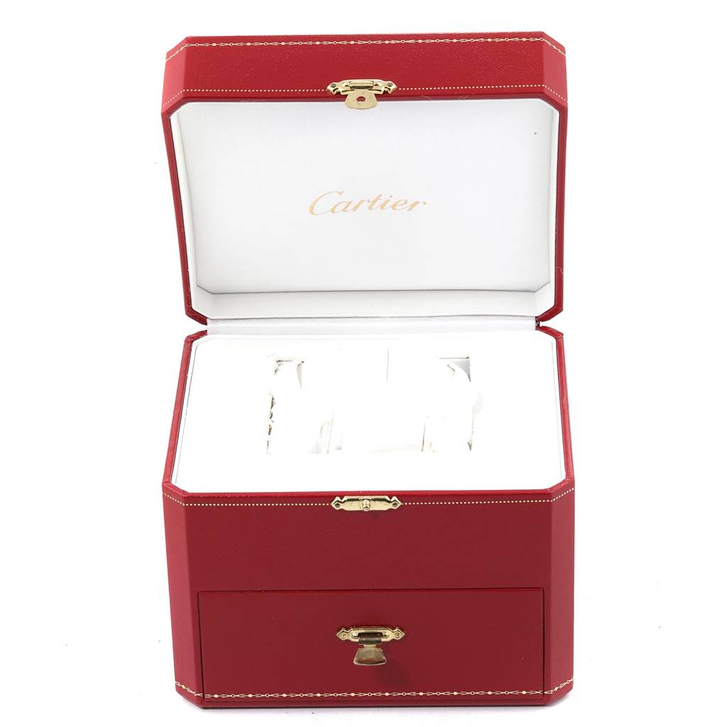 The image shows a Cartier Roadster W62020X6 Men's Stainless Steel Black Dial W62020X6 Men's Stainless Steel Black Dial watch box, open to reveal the interior.