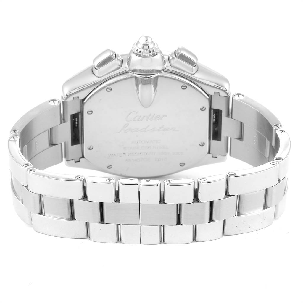 This image shows the back view of a Cartier Roadster W62020X6 Men's Stainless Steel Black Dial W62020X6 Men's Stainless Steel Black Dial watch, highlighting the bracelet and case back.