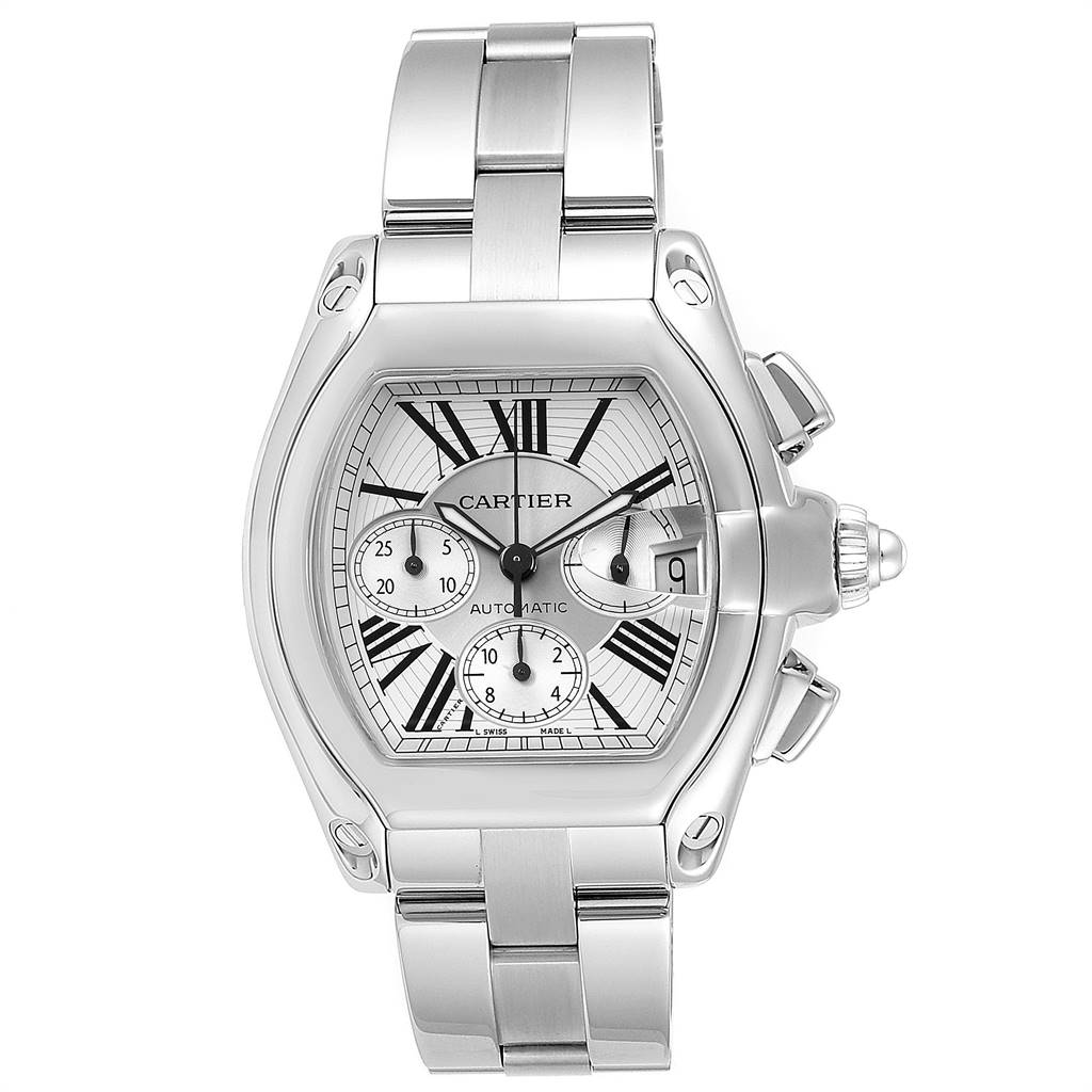 The image shows a front view of a Cartier Roadster W62019X6 Men
s Stainless Steel Silver Dial W62019X6 Men
s Stainless Steel Silver Dial watch, featuring its dial, bezel, case, and bracelet.