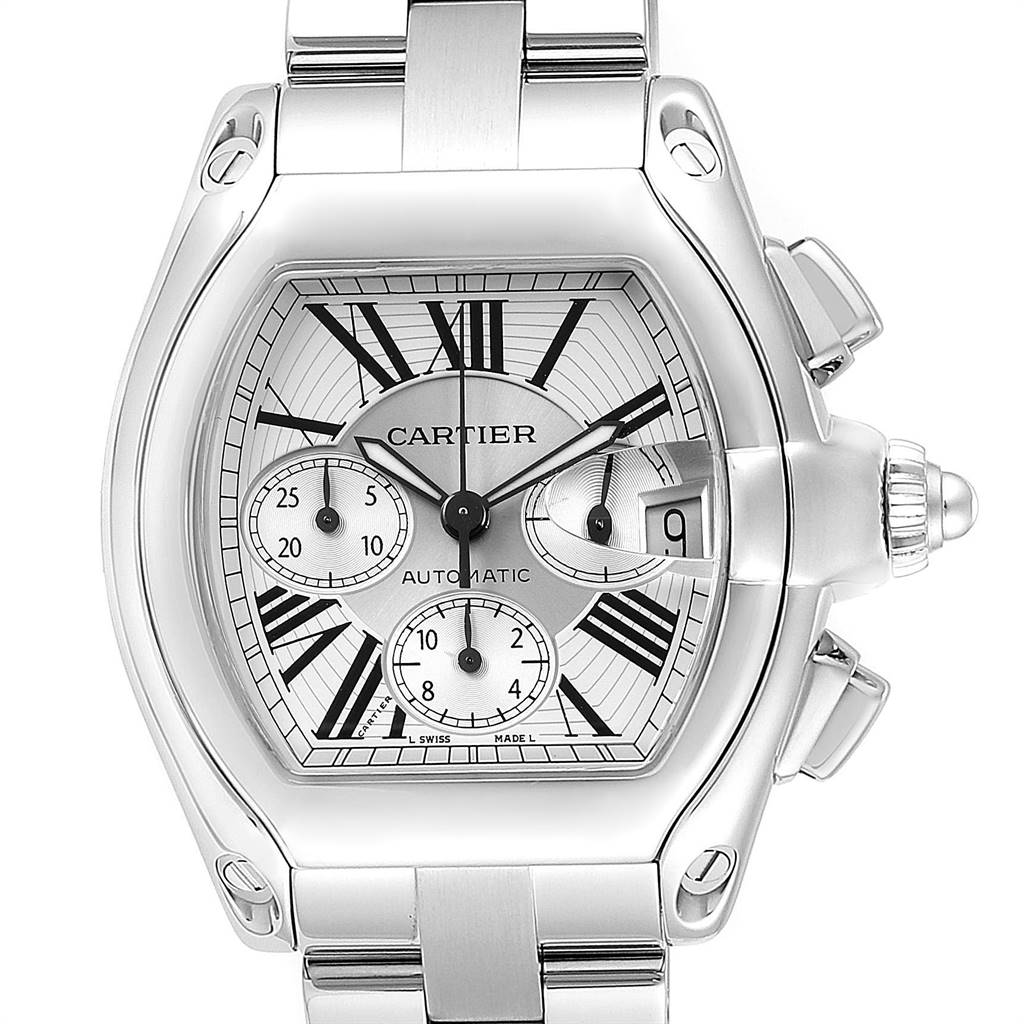 The image shows a front view of the Cartier Roadster W62019X6 Men
s Stainless Steel Silver Dial W62019X6 Men
s Stainless Steel Silver Dial watch, highlighting the dial, hands, subdials, and metal bracelet.