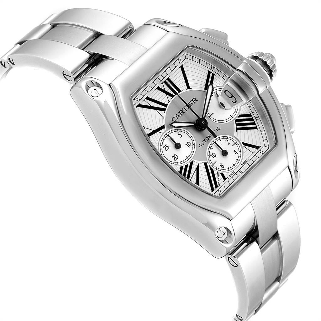 The image shows a top-side angle of a Cartier Roadster W62019X6 Men
s Stainless Steel Silver Dial W62019X6 Men
s Stainless Steel Silver Dial watch, highlighting the dial, bezel, case, and wristband.