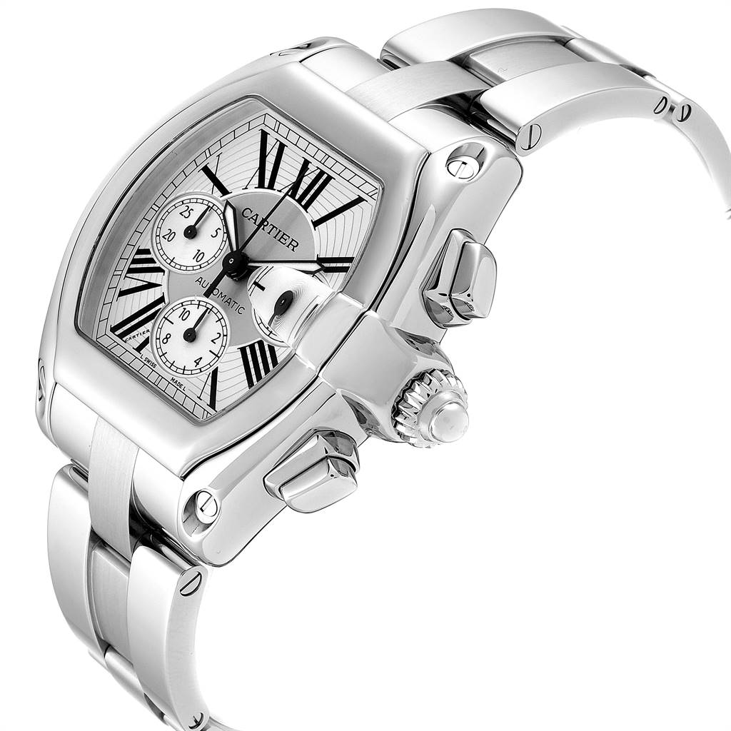 The image shows a Cartier Roadster W62019X6 Men
s Stainless Steel Silver Dial W62019X6 Men
s Stainless Steel Silver Dial watch at an angled side view, highlighting the face, dials, bracelet, and crown.