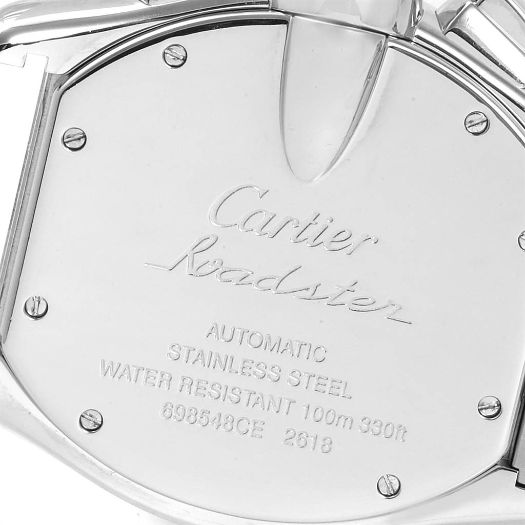 The image shows the back of the Cartier Roadster W62019X6 Men
s Stainless Steel Silver Dial W62019X6 Men
s Stainless Steel Silver Dial watch, highlighting its engravings and stainless steel case.