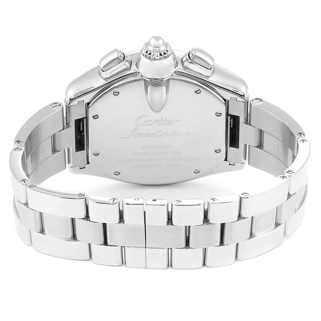 The image shows the back case and stainless steel bracelet of a Cartier Roadster W62019X6 Men
s Stainless Steel Silver Dial W62019X6 Men
s Stainless Steel Silver Dial watch.