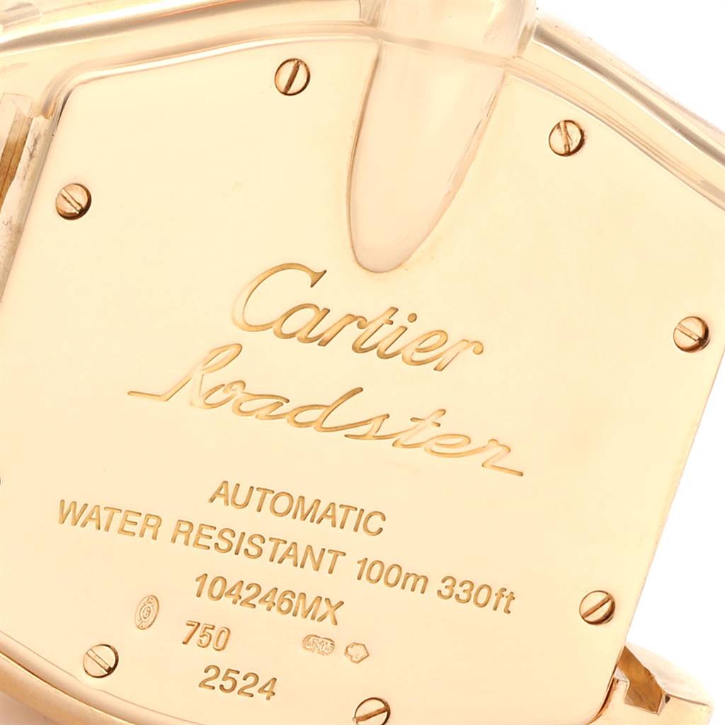 The image shows the back casing of a Cartier Roadster W62005V2 Men's Yellow Gold Silver Dial W62005V2 Men's Yellow Gold Silver Dial watch, highlighting the model details and specifications.