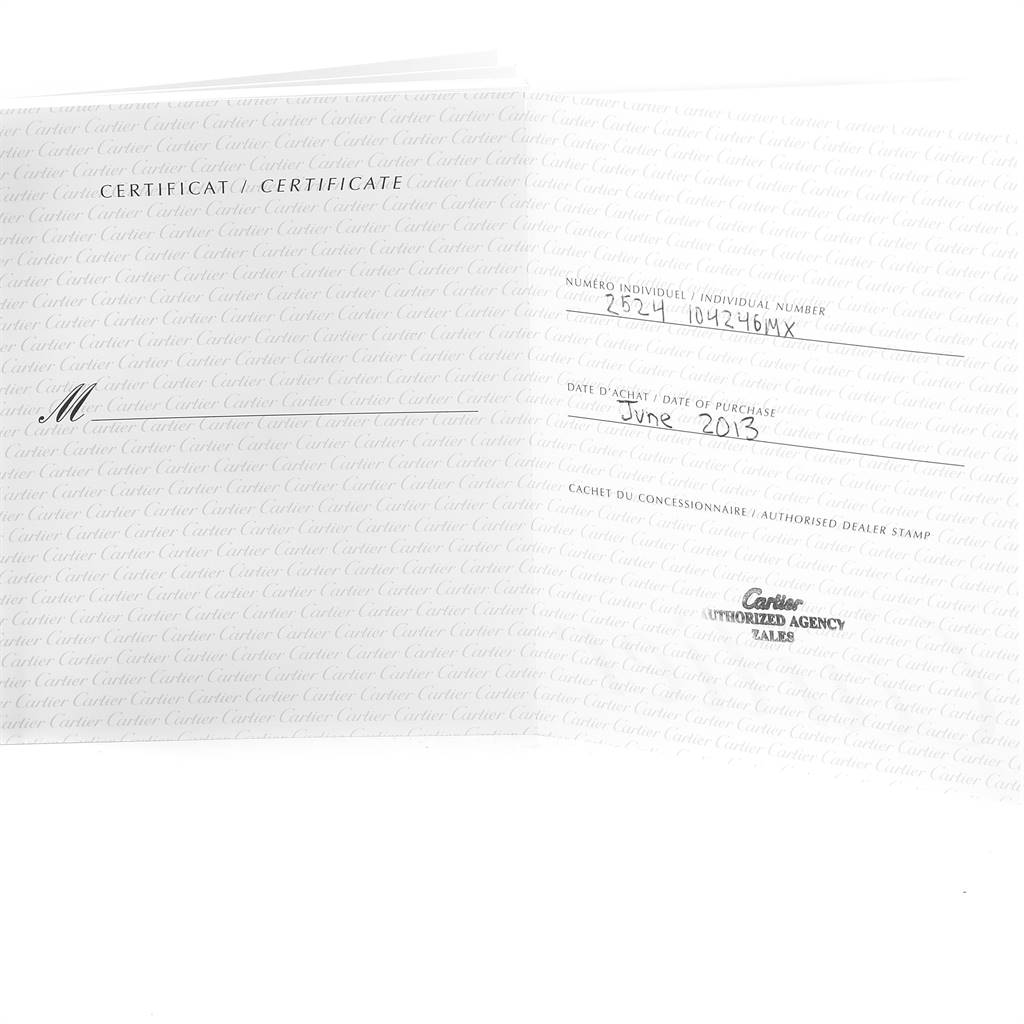 This image shows a certificate of authenticity for the Cartier Roadster W62005V2 Men's Yellow Gold Silver Dial W62005V2 Men's Yellow Gold Silver Dial model, detailing the individual number and date of purchase.
