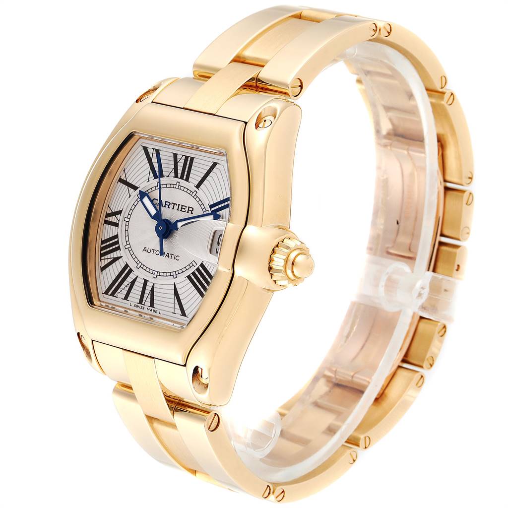 This image shows the front and side views of the Cartier Roadster W62005V2 Men's Yellow Gold Silver Dial W62005V2 Men's Yellow Gold Silver Dial watch, highlighting the face, bezel, crown, and bracelet.