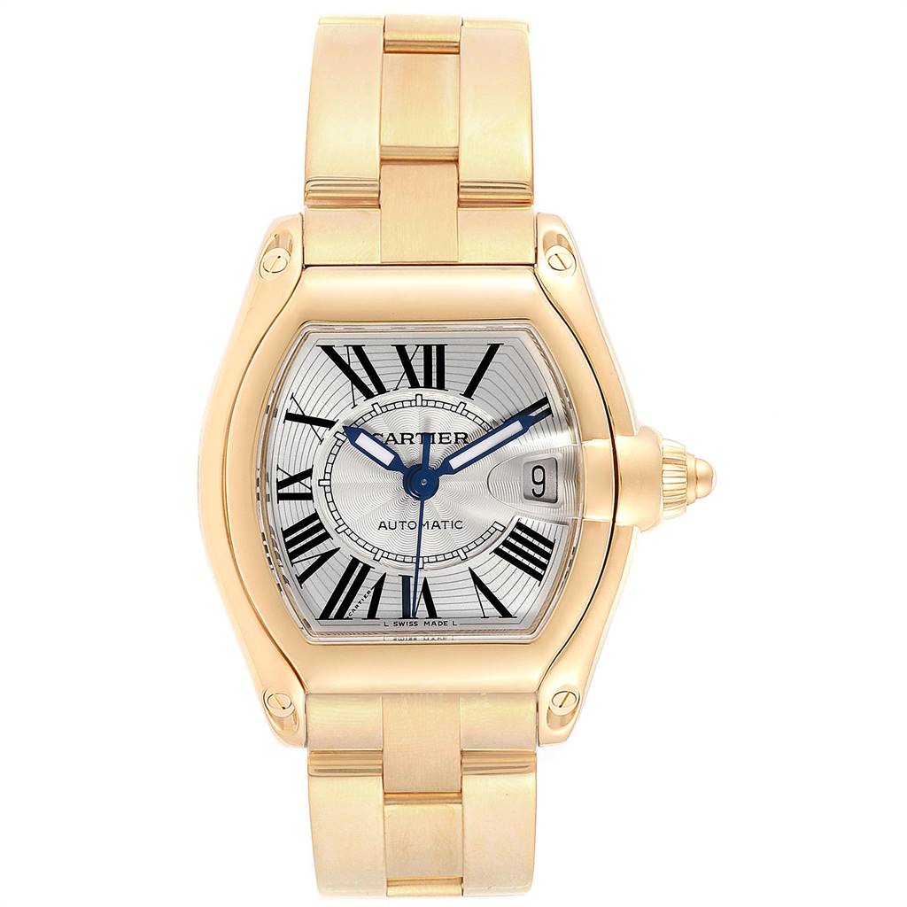 The image shows a Cartier Roadster W62005V2 Men's Yellow Gold Silver Dial W62005V2 Men's Yellow Gold Silver Dial watch from a frontal angle, displaying the dial, case, bracelet, and crown.